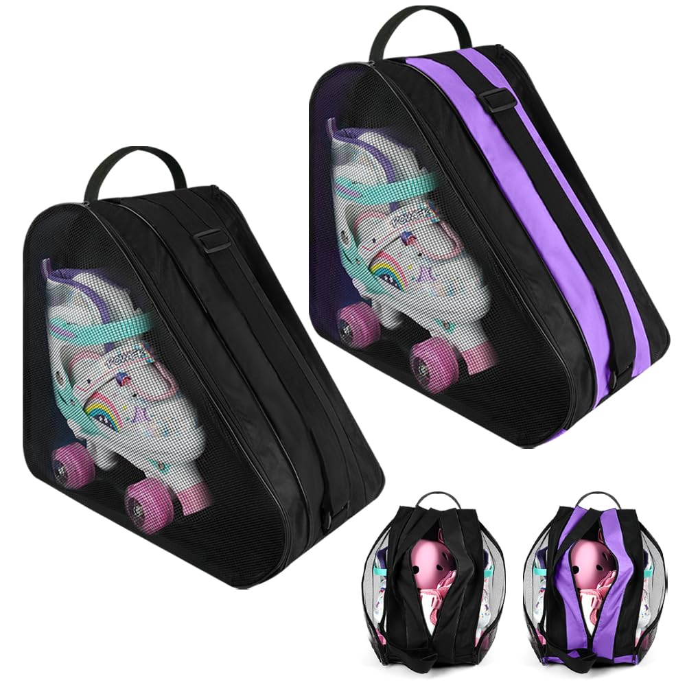 flintronic 2PCS Roller Skate Bag, Ice Skates Storage Bag Unisex, with Adjustable Shoulder Strap and Top Handle, for Storage Ice Skating Accessories (Black + Purple)