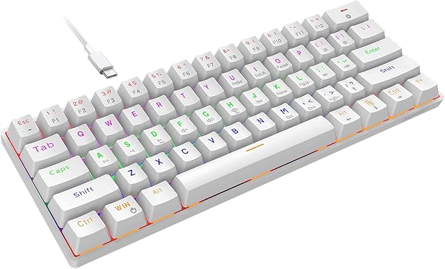 Snpurdiri Mini 60% Mechanical Gaming Keyboard, Rainbow LED Backlit Portable Wired Keyboard, Ergonomic Small Keyboard with Blue Switch for Windows, PC, Laptop, Gaming (61 Keys, White)