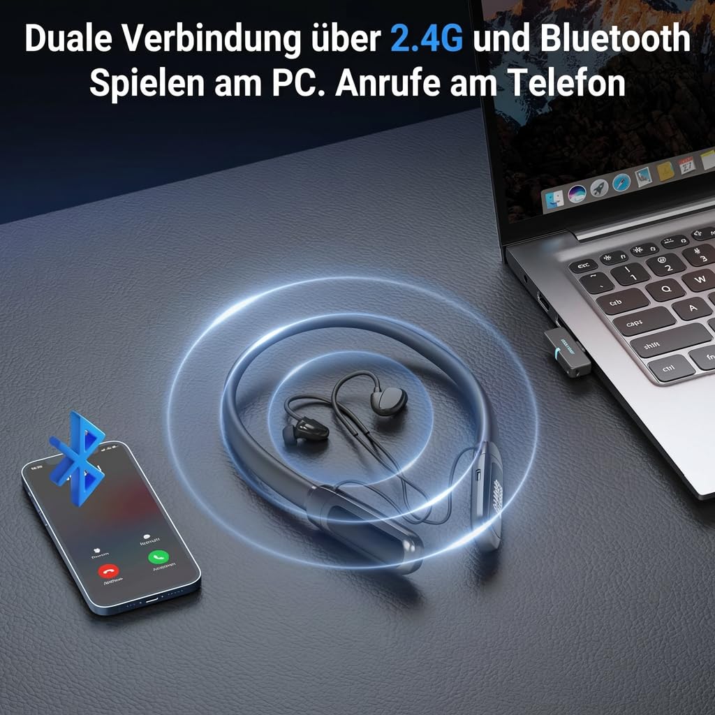 Rampage 2 Auriculares Gaming Inalámbricos con Dongle USB-C de 2,4 GHz, Bluetooth, Latencia Ultrabaja de 20 ms, Banda para el Cuello con Micrófono, 32 h de Autonomía, para PS5, PC y Portátil