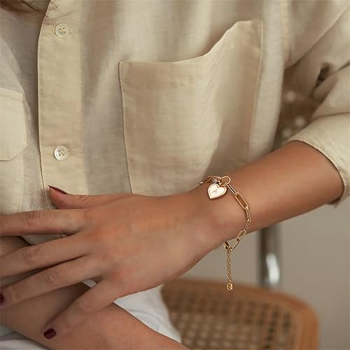Miniatura 4 de MEVECCO Pulsera de clip de oro, chapada en oro de 18 quilates, con inicial de corazón, pulsera de eslabones ovalados, delicada pulsera hecha a mano