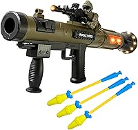 REGLORY Toy Rocket Launcher with 3 Foam Rockets - Sound, Vibration, LED Effects - Safe Military Pretend Play Blaster Gun (Brown)