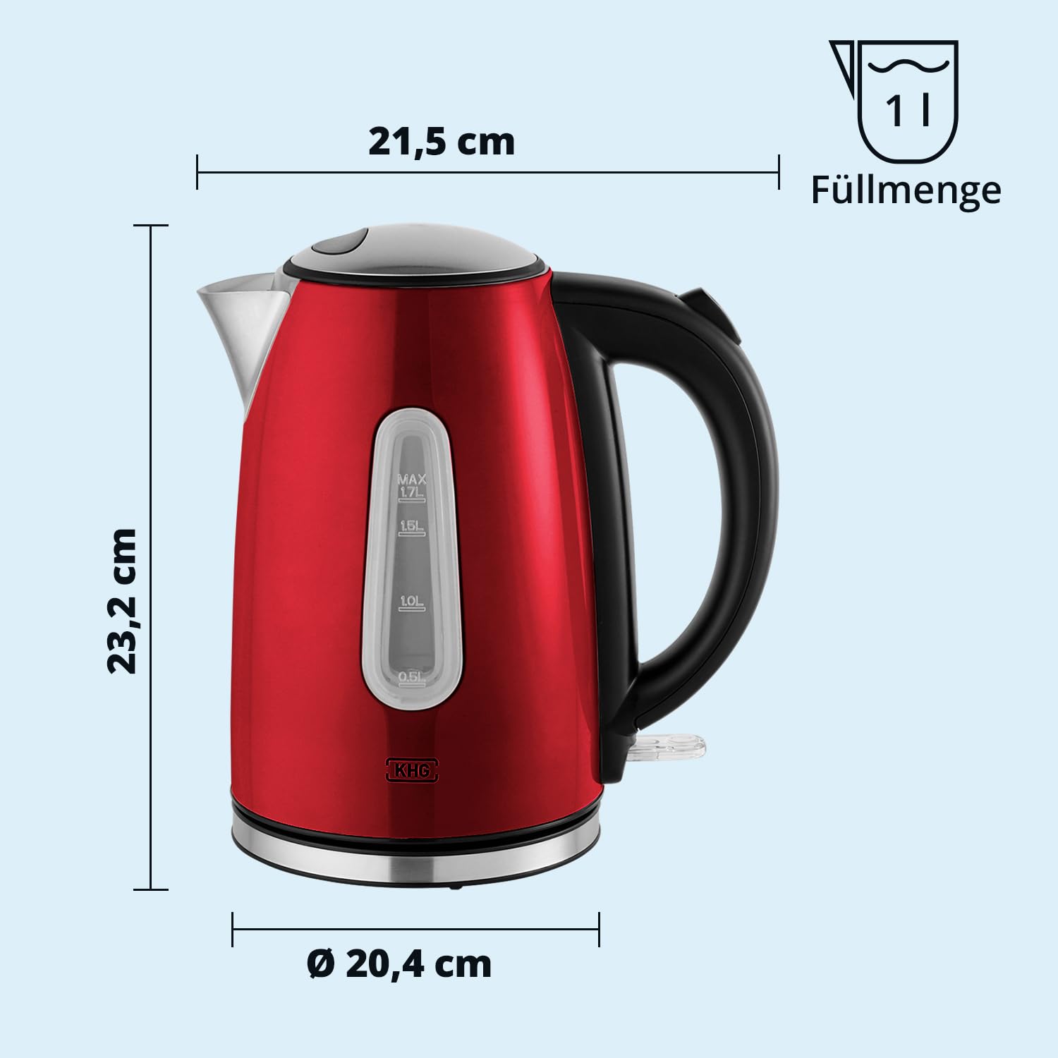 KHG Frühstücksset Wasserkocher Toaster Rot Edelstahl Metallic Chrom 1,7l 2 Toastscheiben