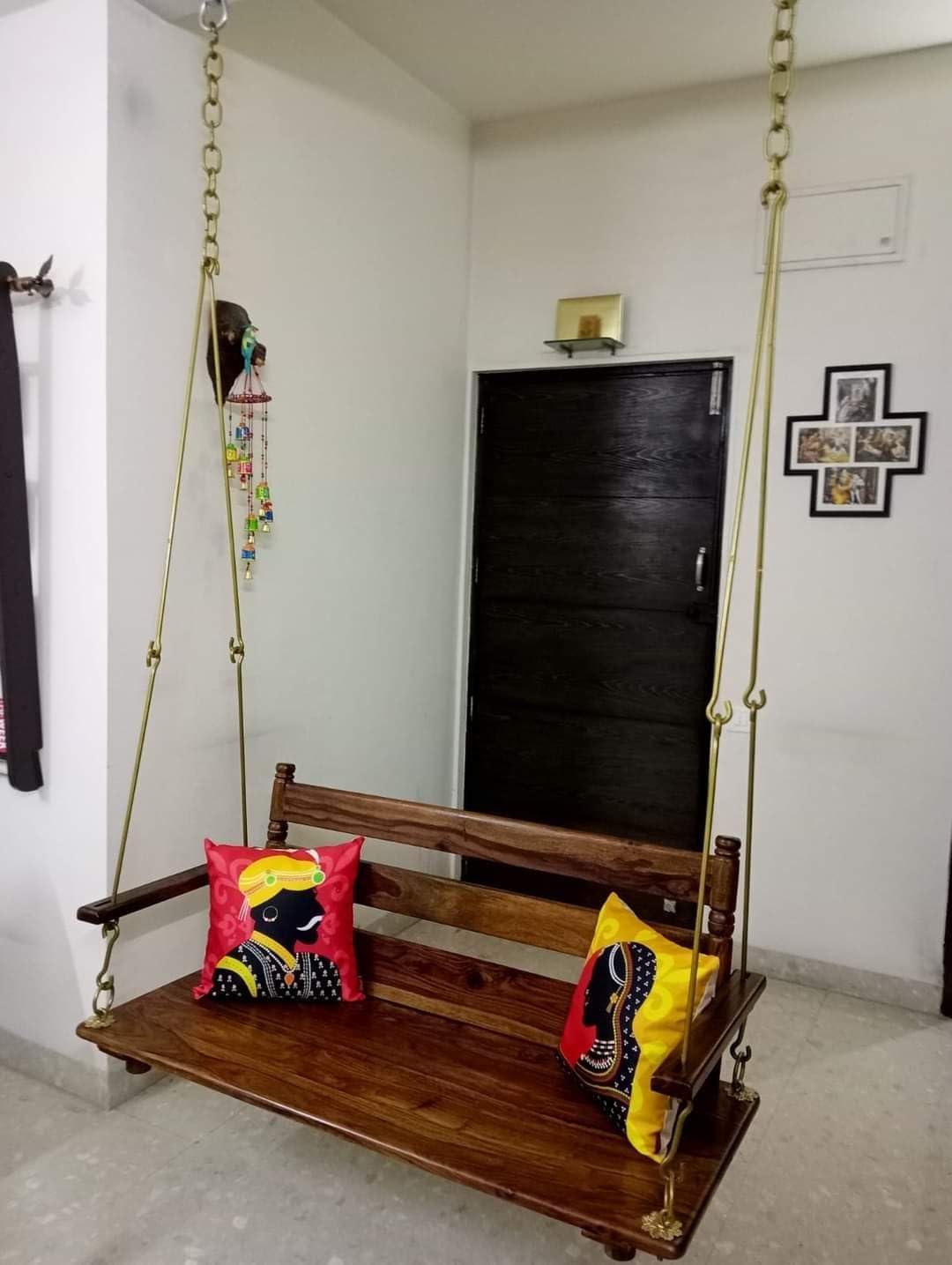 Wooden Swing Jhula for Home | Solid Sheesham Wood Hanging Swing for Living Room | Ergonomic Backrest & Handrest | Brass Coated Heavy-Duty Chain Cushioned Seating | Indoor & Covered Outdoor (40 Inch)-image-5