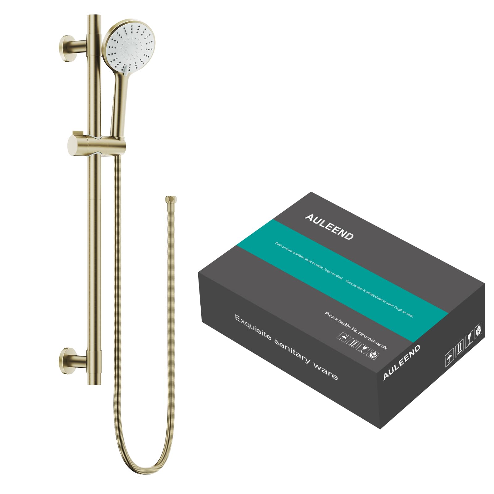 Auleend Brushed Gold Shower Slide Bar Handheld Shower Head With Hose, 5-Function Hand Shower With Wall Mount，Adjustable Height Shower Head (Brushed Gold)