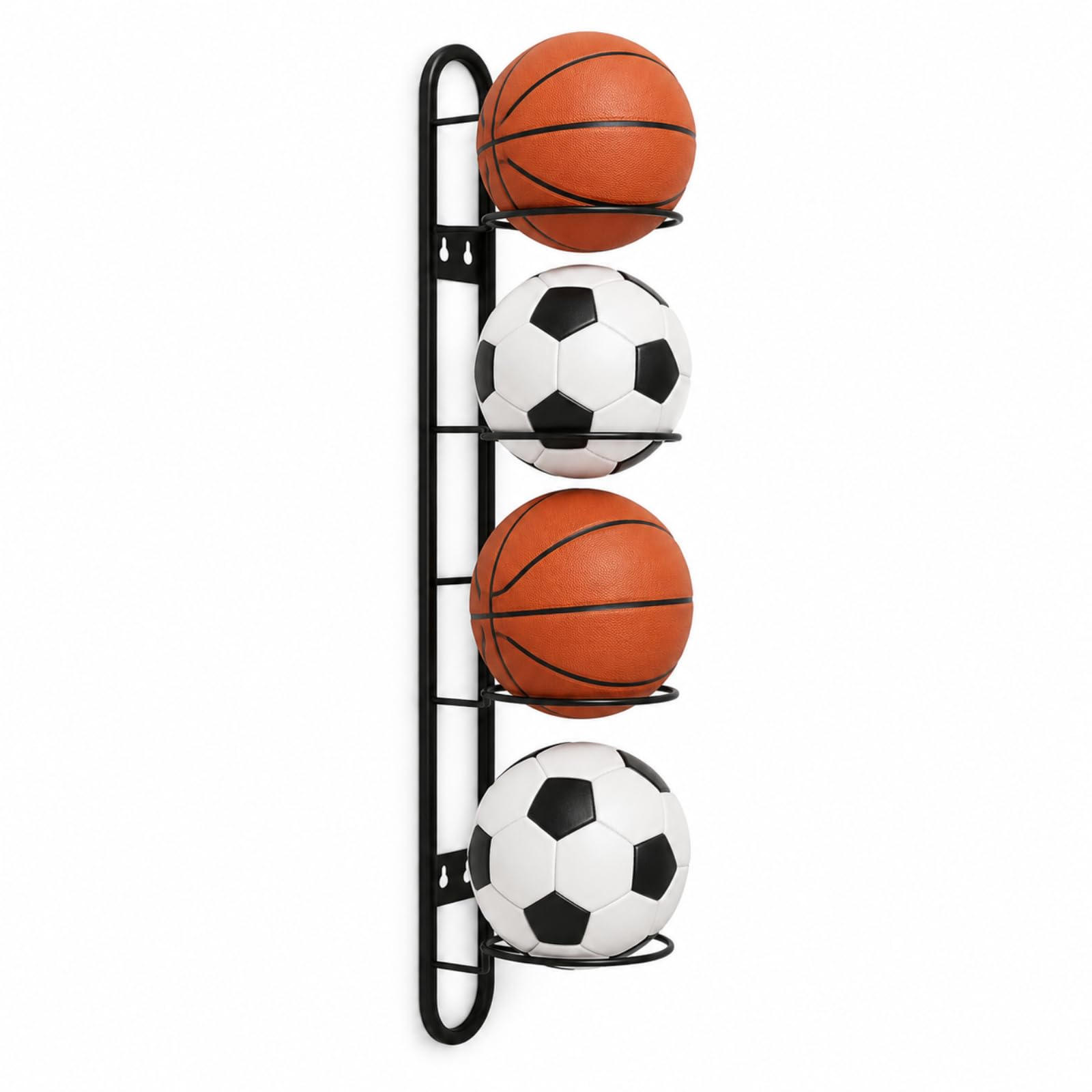 Raoletin Football Holder 4-Tier Metal Football Wall Mount Stand, Vertical Ball Holder No Drill Black Ball Storage Stand Rack with Adhesive Backing for Garage and Bedroom Basketball and Volleyball