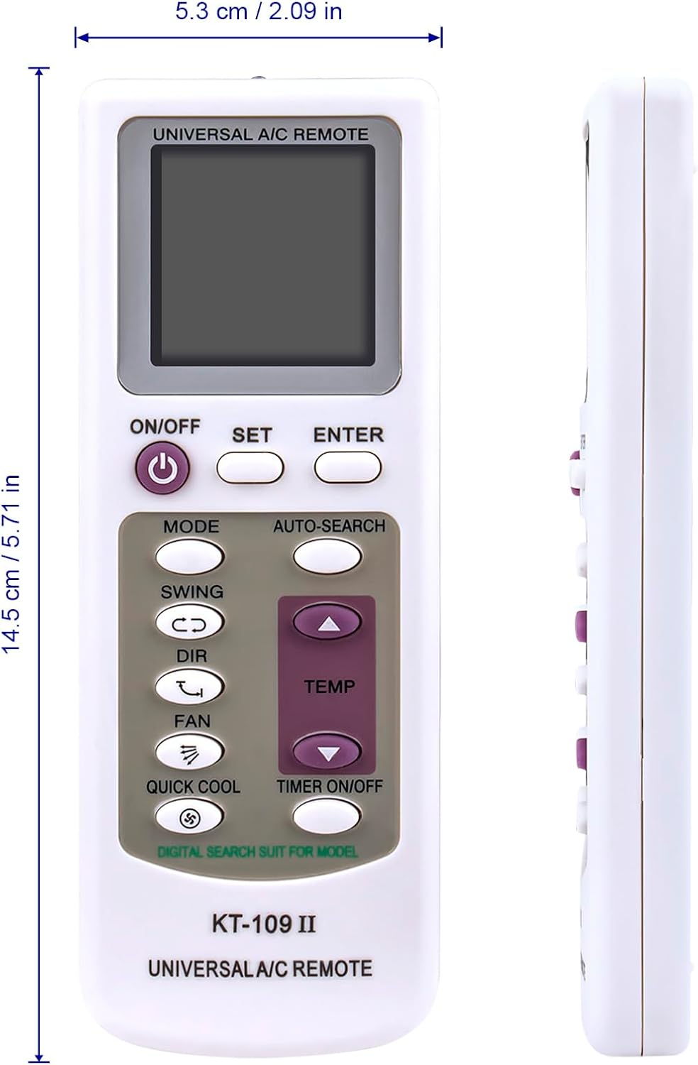 Përpara view of the ALLIMITY KT-109 II Universal AC Remote Control with dimensions indicated.