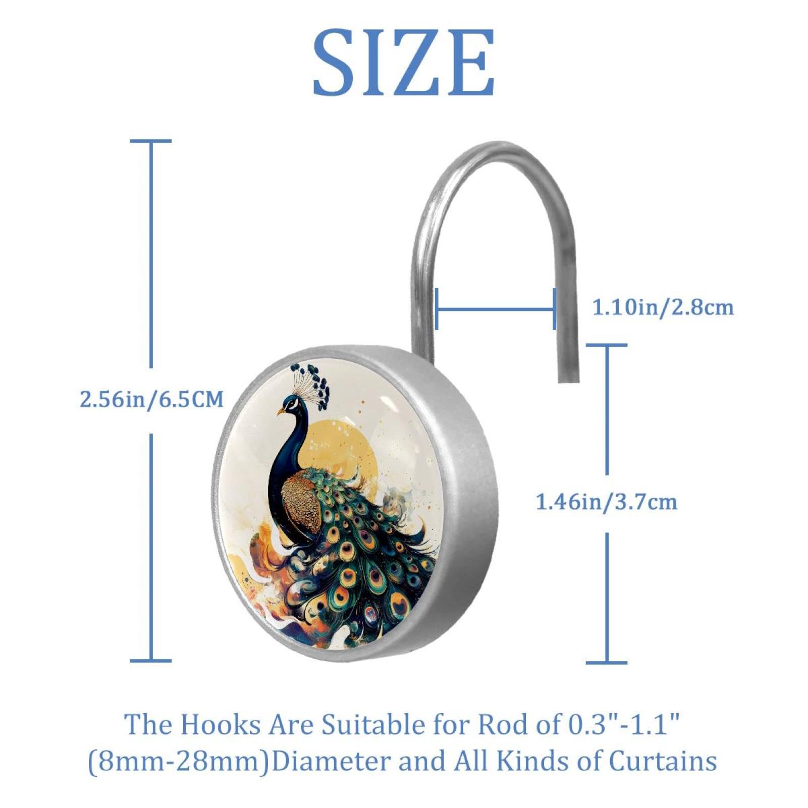 12pcs Glass Shower Curtain Hooks, Rust Resistant Decorative Shower Rings for Bathroom Living Room,Stainless Steel Hooks for Shower Curtain and Liner Rods (Peacock Illustration)