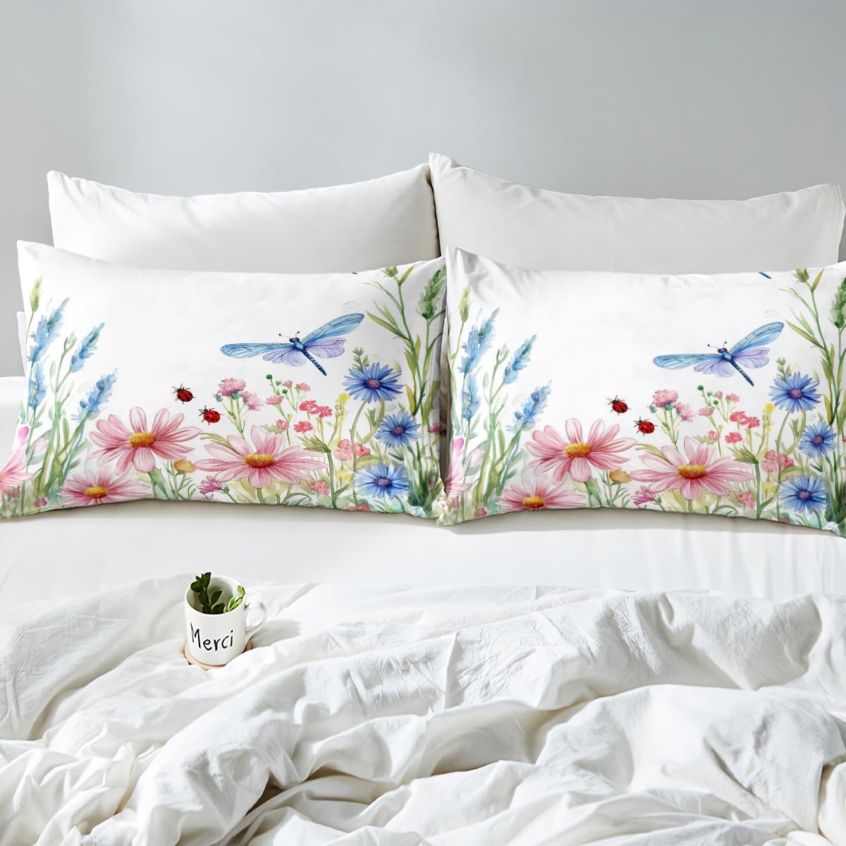 Erosebridal Teal Dragonfly Fitted Sheet Colorful Flower Bed Sheets Full Size, Navy Blue Pink Floral Sheets Red Ladybug Insect Bedding, Animal Botanical Plants Bed Set
