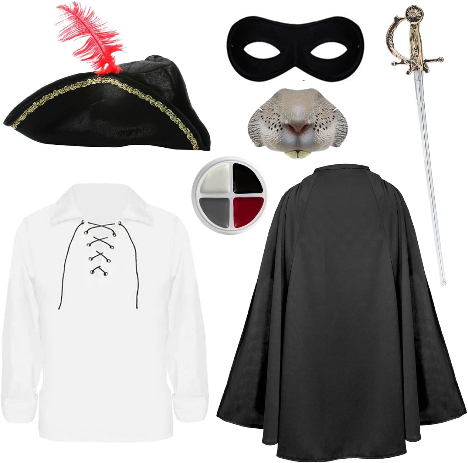 Kids Highwayman Rodent Costume - Black Cape, White Lace-Up Shirt, Rat Nose, Tricorn Hat, Eyemask, Sword & Facepaint - Childs Fancy Dress for World Book Day, Halloween & Themed Parties