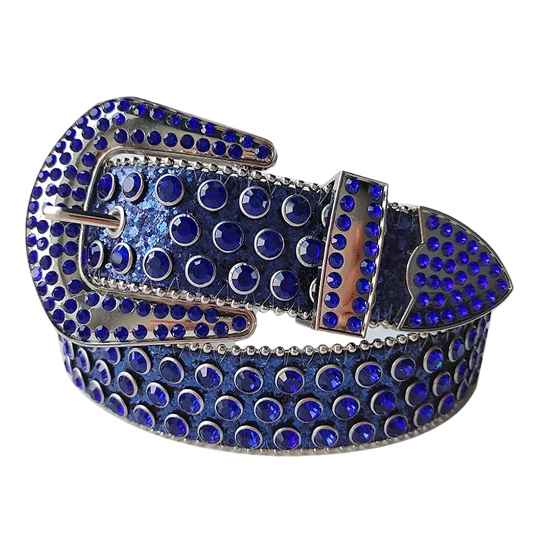 Women’S Western Leather Belt Blingbling Crystal Diamond Round Buckle Punk Style PU Belt