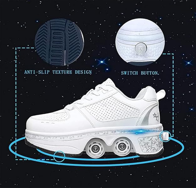 ZZ Rolschoenen voor kinderen, schoenen met automatisch intrekbare wieltjes, technische skateschoen, voor buiten, sport, gym, fitness, uniseks, wit, EU 36
