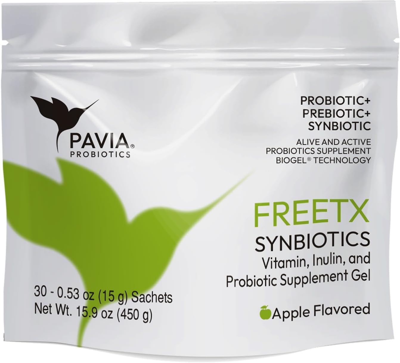 Pavia Live Probiotics Bio-Gel with Fiber FreeTX | Probiotics & Prebiotics | Digestive Support | 1 Billion Live Cultures | Green Apple Flavor | 30 Sachets