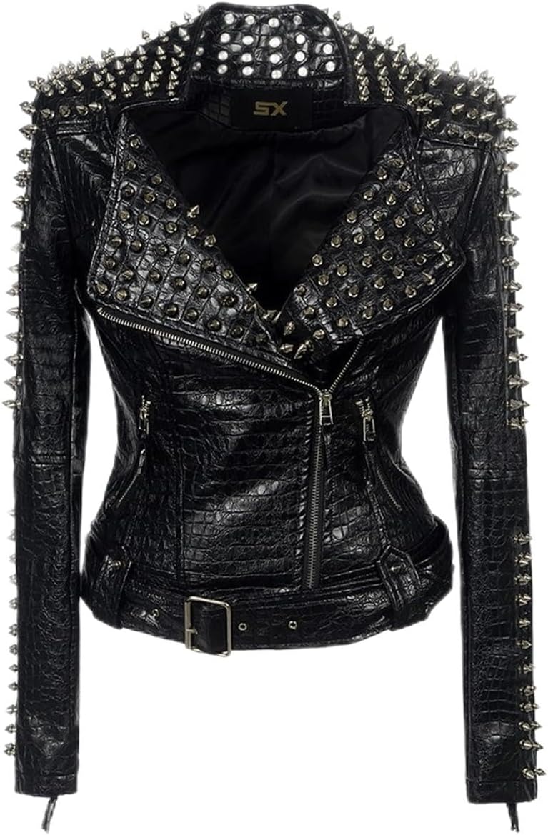 ZJX Women's Classic Inlaid Personalized Punk Motorcycle Leather Jacket Large Slimming Sexy Coat