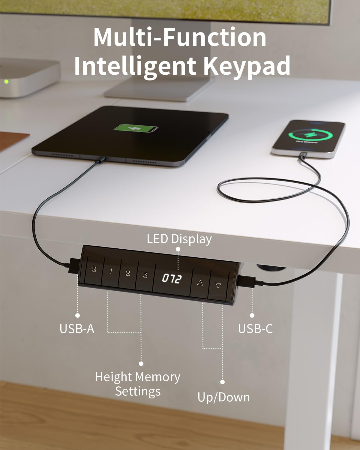FEZIBO Höhenverstellbarer Schreibtisch mit USB-A und USB-C-Ladeanschlüssen, 120 x 60 cm Steh-Sitz Tisch, Schreibtisch Höhenverstellbar Elektrisch, Ergonomischer Computertisch Homeoffice, Weiß