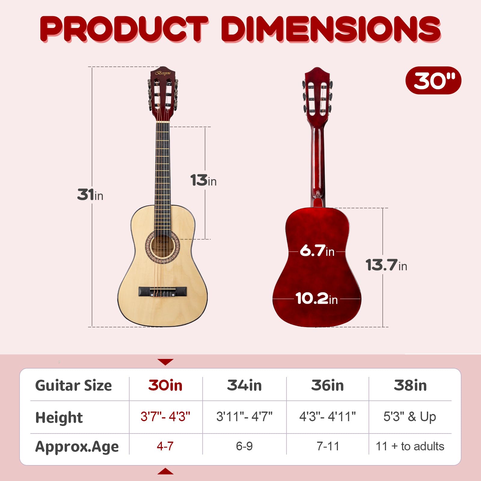 Drewniana gitara akustyczna z etui, książka gitarowa i akcesoria dla dzieci, dziewcząt, chłopców, początkujących (naturalna)