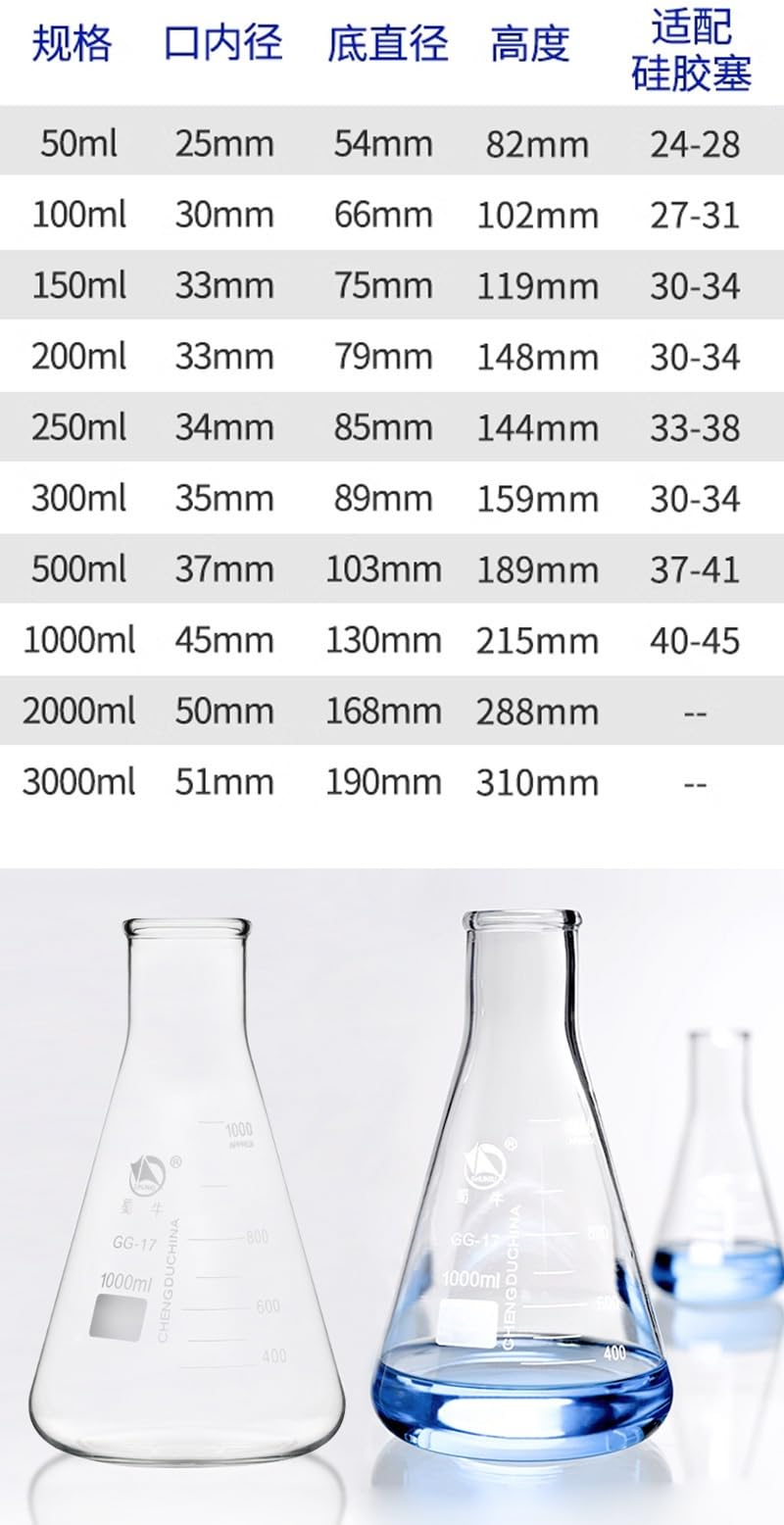 Graduierten Erlenmeyerkolben aus Glas, Enghals Konuskolben mit aufgedruckter Skala, 50–5000 ml für Labor, Unterricht & Zuhause(3000ml)