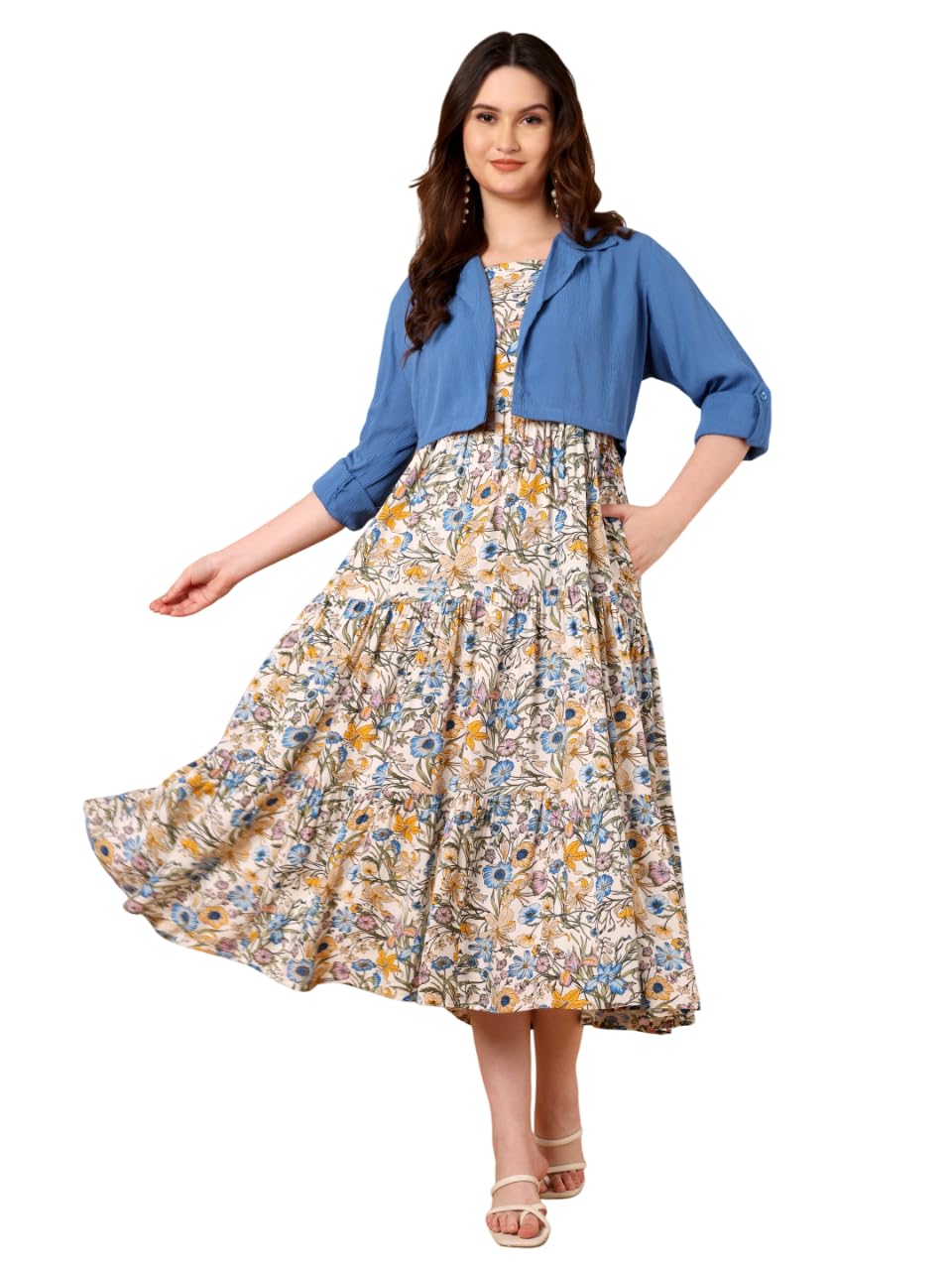 azira Floral Printed Gathered Dress with Jacket for Women-picture-14