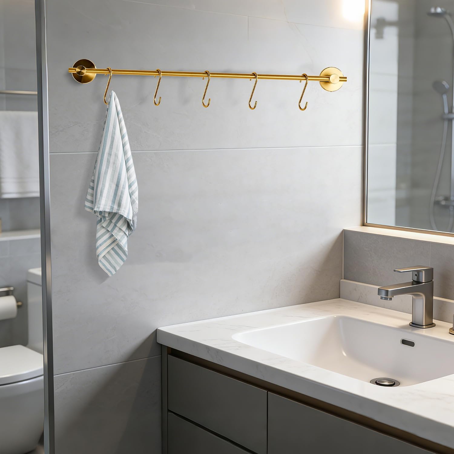 21.6 Inch Towel Bar with 5 S Shaped Hooks,Brass Towel Holder Brushed Gold Towel Rack for Bathroom Kitchen