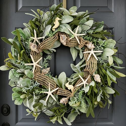 CIR OAOSES 18 Inch Green Ear Lambs Leaves Starfish Wreaths for Front Door Rustic and Farmhouse Spring Summer Greenery Wreath for Inside and Outside Grapevine Year Round Wreath for Home Decor