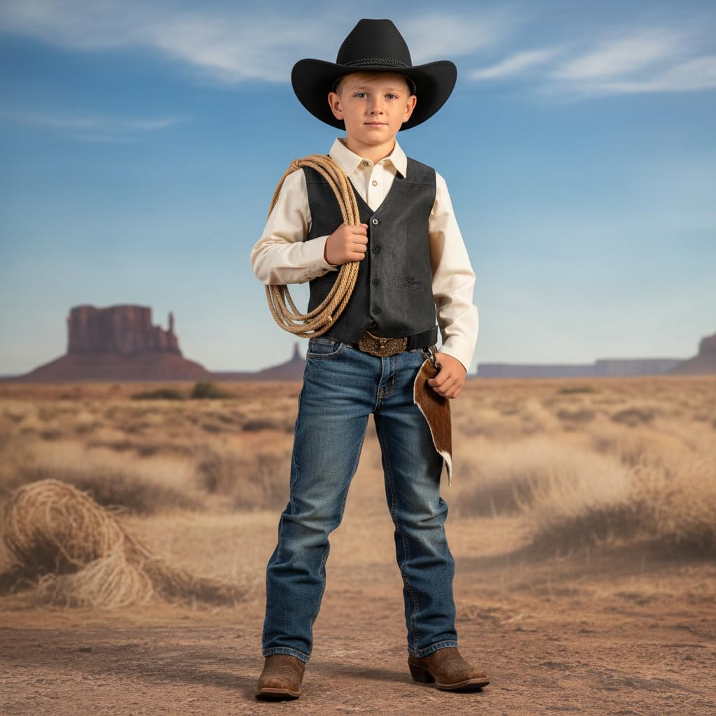 KAIPUTE Kids Western Cowboy Costume Boys Vest Hat Belt for Halloween Party Cosplay