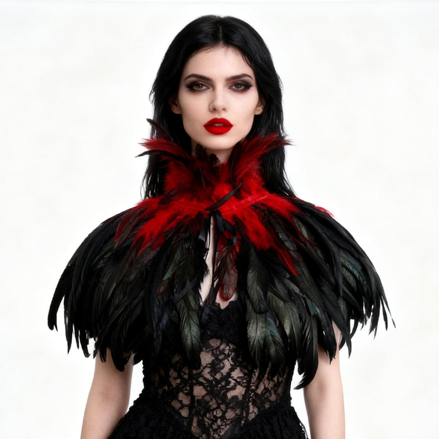 L'VOW Women's Real Nature Feather Shrug Cape Lace Shawl Collar Witch Cosplay Costumes for Halloween Carnival - Image 4