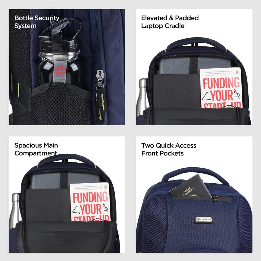HARISSONS Zylo Travel Laptop Backpack | 40L | Fits 15.6β Laptop | Fisio Fit Straps, Elevated Laptop Cradle, Quick-Access Pockets, Bottle Security, Ventilated Back | Work, Travel & College (Navy) 2