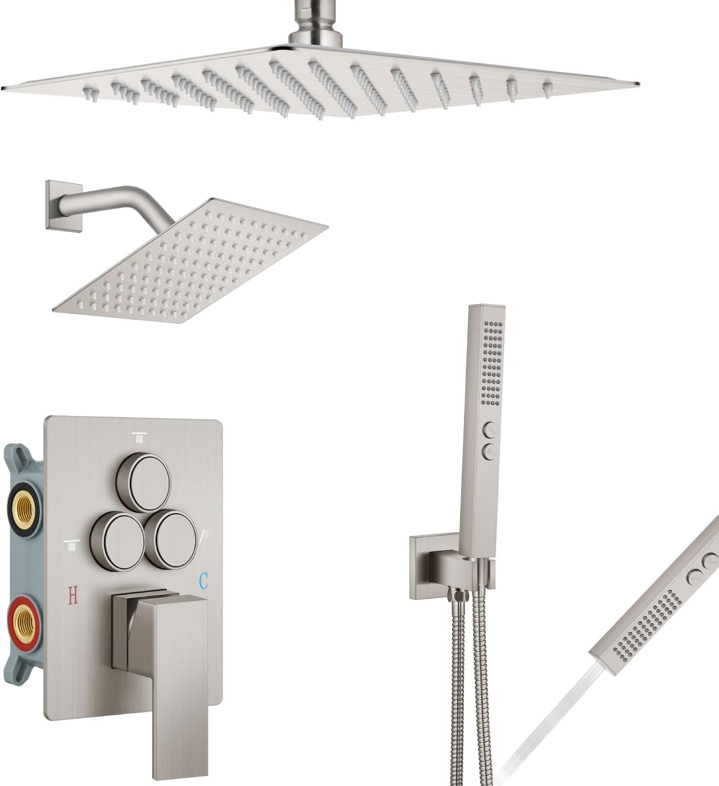 Aolemi Shower Faucet Set Ceiling Mount Push Button Diverter Shower System 10" and 6" Dual Shower Head 2 in 1 Hand Shower Rough-in Valve and Shower Trim Kit Brushed Nickel