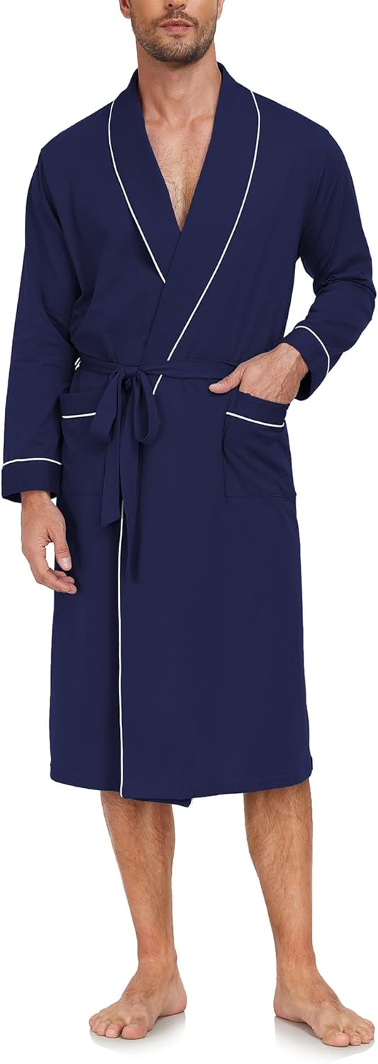 Men's 100% Cotton Robe Lightweight Soft Long Sleepwear with Pockets