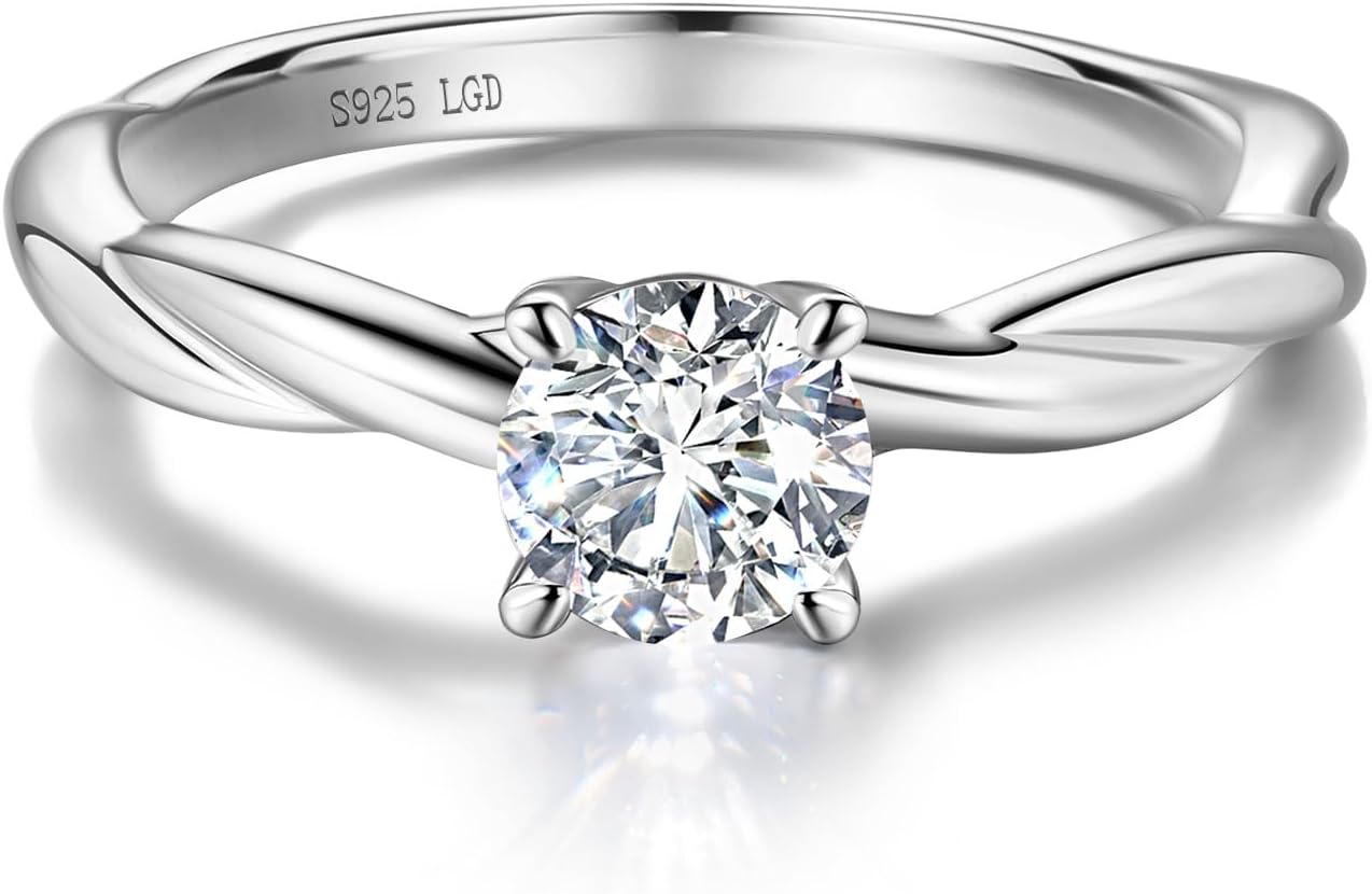 AGVANA 0.3-1 Carat Lab Grown Diamond 4 Prong Solitaire Petite Twisted Vine Ring in Sterling Silver Promise Engagement Anniversary Wedding Ring for Women (D-E Color, VS Clarity)