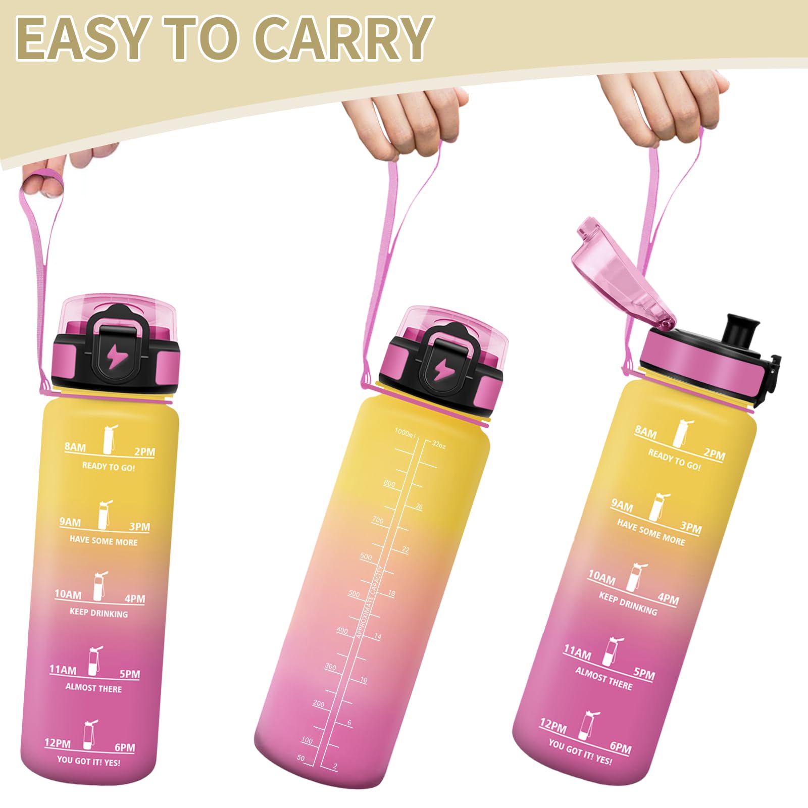 Motswedi Borraccia 1 litro, a Prova di Perdite, Borraccia Motivazionale, Riutilizzabile, Bottiglia Acqua, Senza BPA, Borracce, per Palestra, Ufficio, Sport, Ciclismo, Running, Giallo Rosa