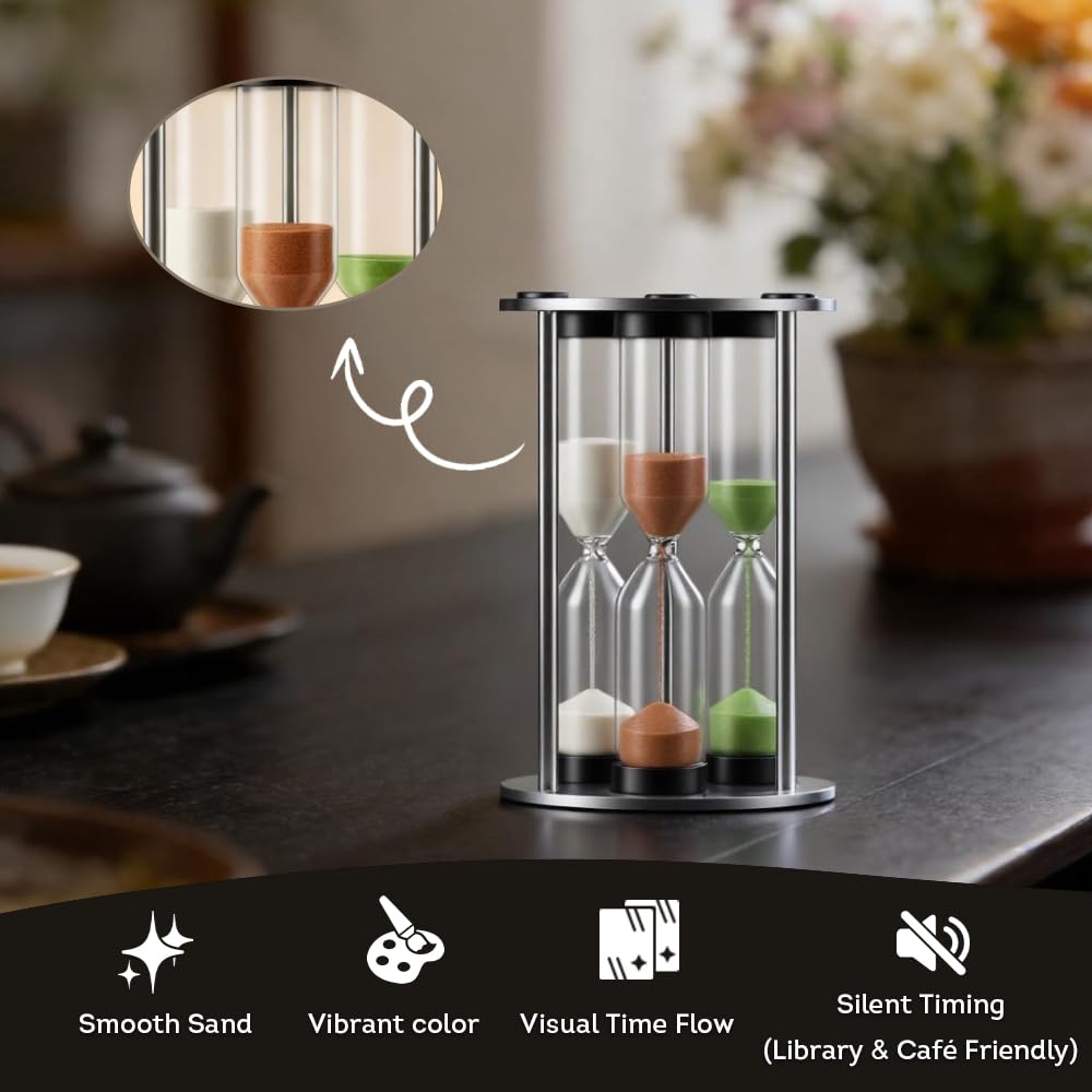 Lily's Home Minuteur à thé parfait 3 en 1 de 8,9 cm de haut, comprend des sabliers de sable de 3, 4 et 5 minutes, utilisation pour faire du thé ou garder le temps dans la cuisine, cadre en acier