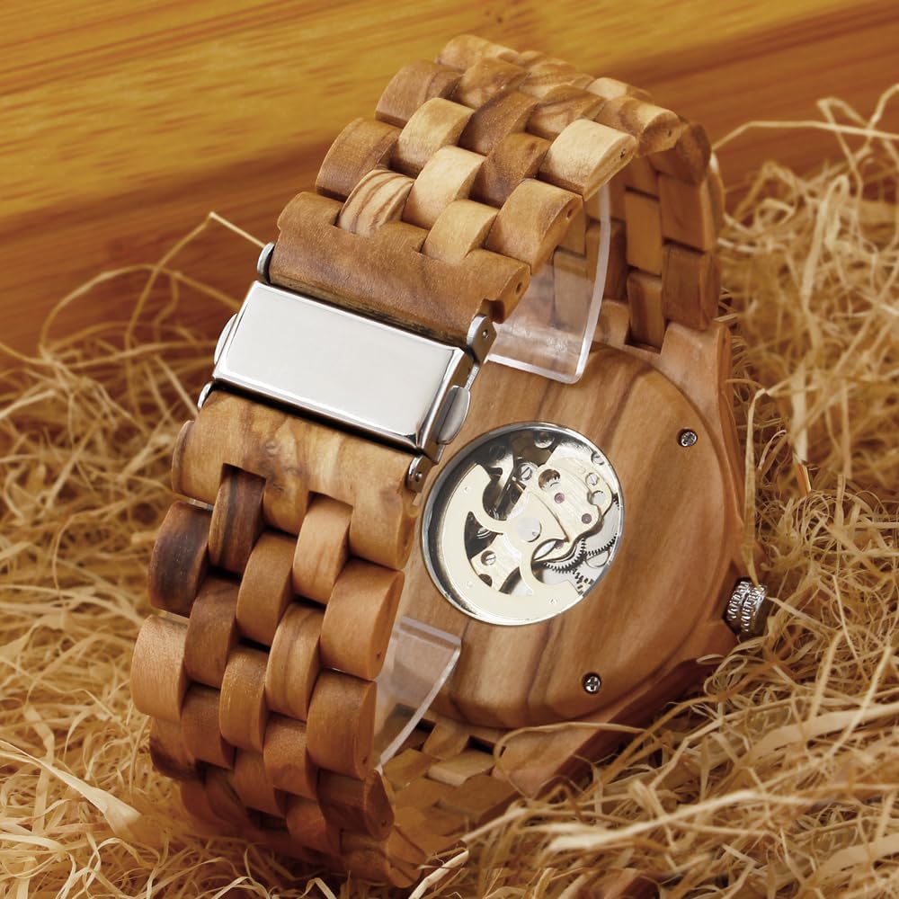 Tiong Orologi meccanici in legno da uomo scheletro numeri romani carica automatica Orologio in legno leggero per uomini Orologio da polso, Fbm-mw1090-marrone rosso, Gotico