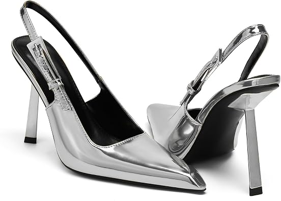 Slingback Pointed Closed Toe Stiletto High Heels Pumps for Women Ankle Strap Metal Buckle Backless Patent Leather Slip-on Banquet Dress Sandals Shoes