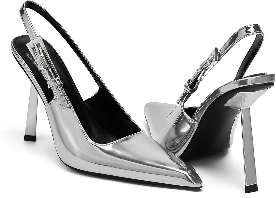 Slingback Pointed Closed Toe Stiletto High Heels Pumps for Women Ankle Strap Metal Buckle Backless Patent Leather Slip-on Banquet Dress Sandals Shoes