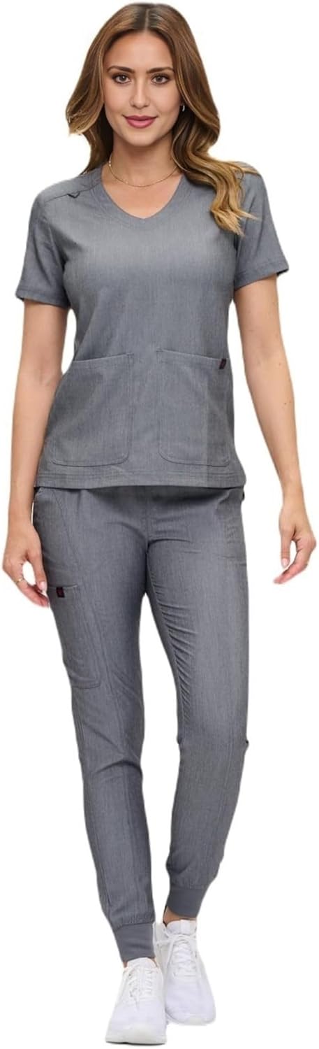 M&M SCRUBS Women’s Jogger Scrub Set - Soft Stretch V-Neck Top & Cargo Pants Medical Nursing Uniforms Regular/Petite