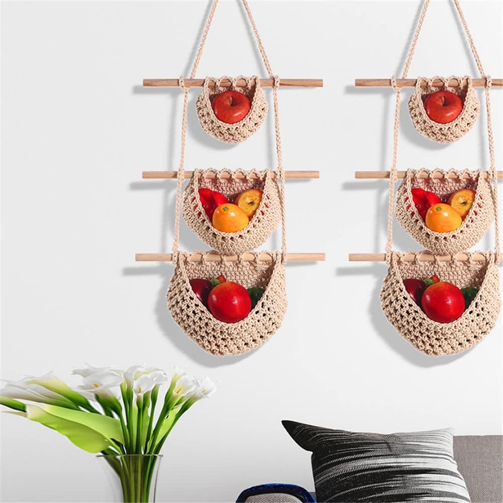 Hanging Fruit Basket ,3 Tier Over the Door Organizer, Handmade Woven Jute Wall Hanging Baskets for Organizing, Wall Basket Decor, Storage baskets for kitchen.. (Brown)
