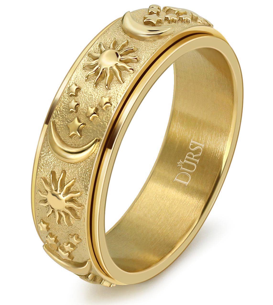 DURSISun Moon and Star Spinner Fidget Ring for Anxiety for Men Women Stainless Steel Rotating Engagement Wedding Band 8MM