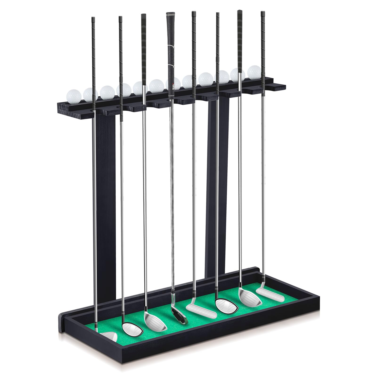 Blosssound Golf Putter Stand Wooden Display Rack Golf Club Holder Stand Club Organizer Storage Rustic Modern Design with Artificial Grass Mat for Sports Indoor Home Garage Accessories(Black)