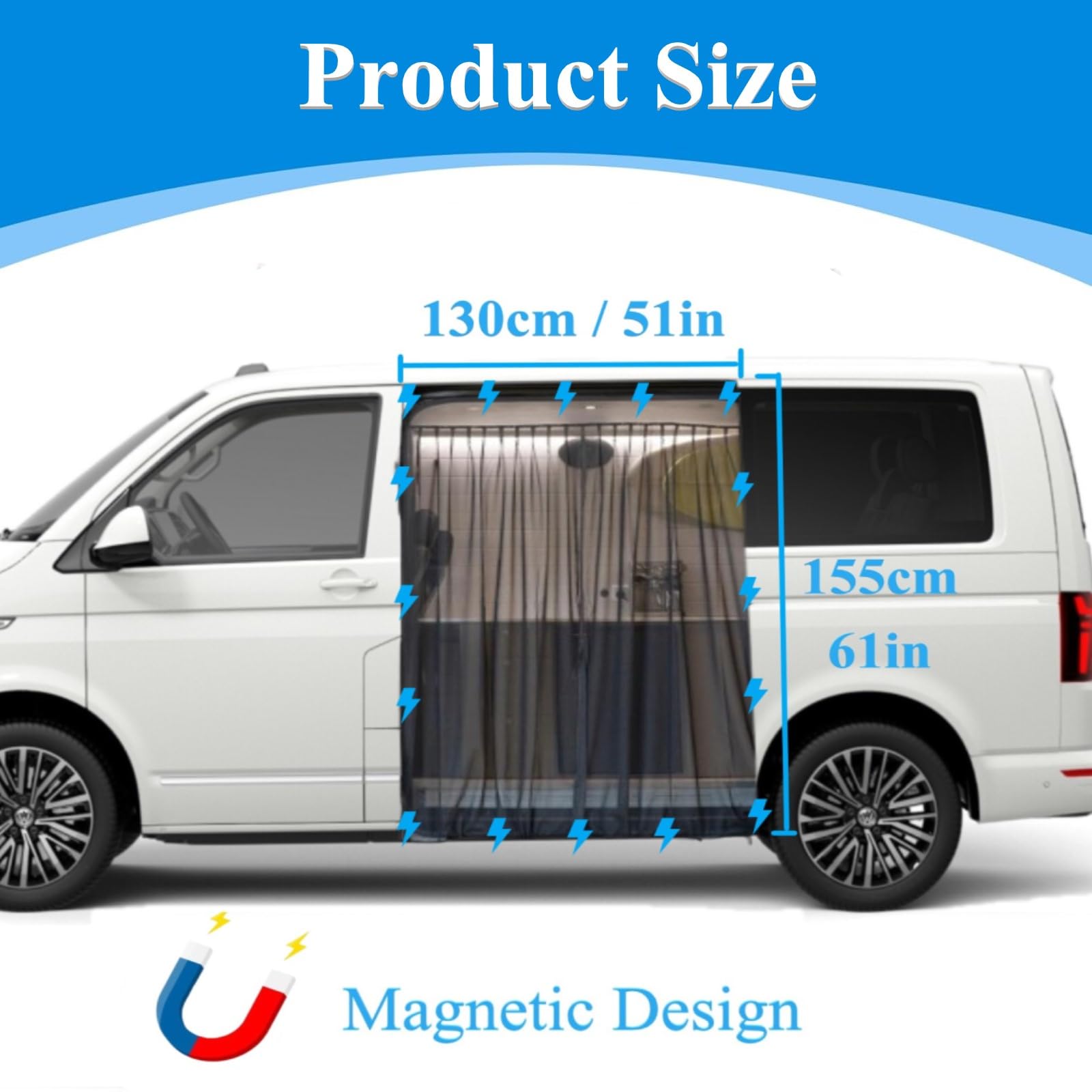 Moustiquaires pour Portes Latérales Voiture pour VW T6, Magnétique Moustiquaire Pare Soleil Camionnette Résistant Aux UV Moustiquaire Rideau de Séparation Amovible avec Sac De Rangement