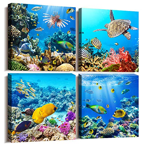 Image of Bathroom Wall Decor Canvas Wall Art For Living Room Office Decor Modern Bedroom Home Decor 4 Panels Stretched And Framed Ready To Hang Blue Ocean Theme Sea Fish And Sea Turtles Undersea World Draw