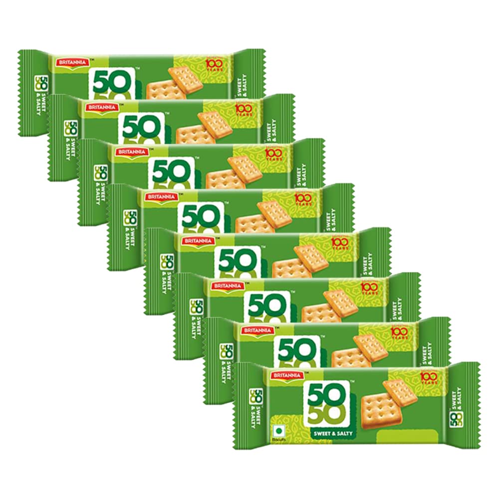 Britannia Crackers 50 50 Sweet and Salty Biscuit 2.19oz (62g) - Delicious, Light & Crispy Grocery Cookies - Best Treat for Friends & Family (Pack of 8)