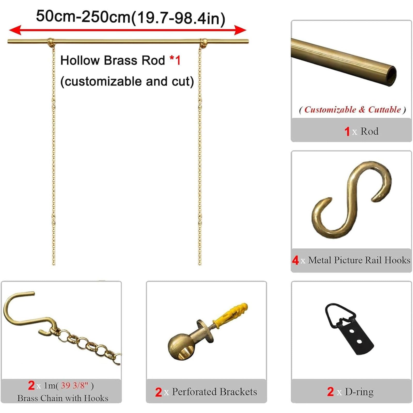 Kit de Sistema de riel para Colgar Cuadros de Alta Resistencia - Colgador de Pared de 1,10 m (43,3 Pulgadas) con Cadenas para Pinturas al óleo, pósteres y Espejos - Ideal para Uso doméstico,