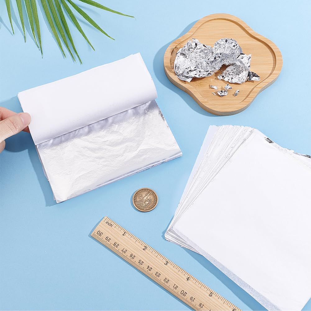 Beebeecraft 200Pcs Silver Leaf Sheets for Art Foil Paper Leaf Art Foil Sheets Gilding Brush Thin Paper Craft for Painting Gilding Crafting Furniture Decoration Resin Jewelry Making 5.5 x 5.5 Inch