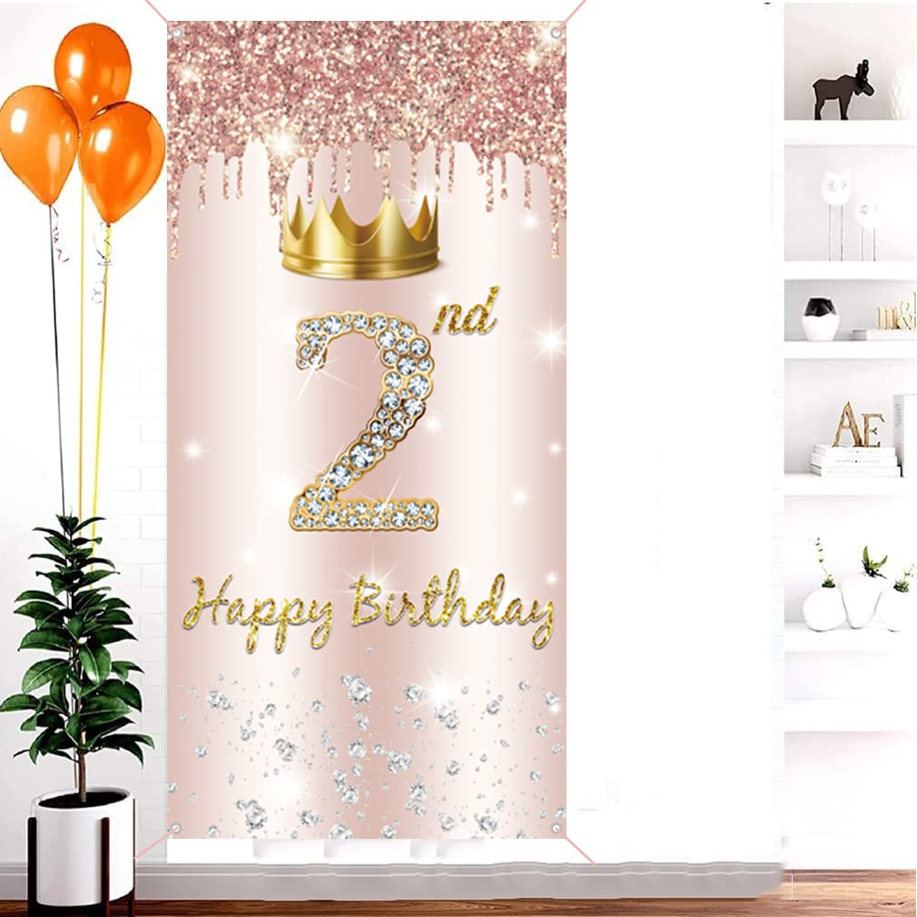 2. urodziny dziewczyna dekoracja, Druga urodziny dekoracja drzwi różowe złoto, materiał tabliczka 2. urodziny Przez wiszący plakat, 2. urodziny tło baner impreza tabliczka powitalna z elementem diamentowym