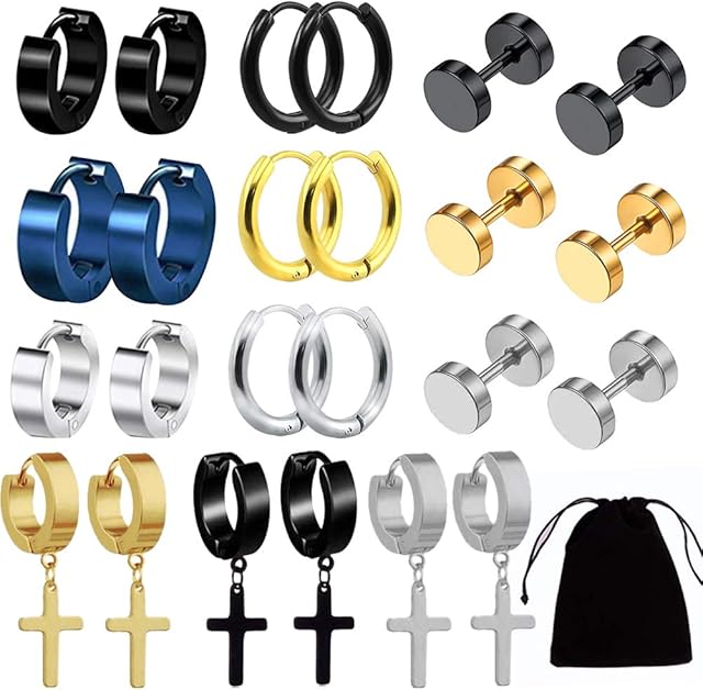 Udewo 12 Pairs Stud Earrings, Stainless Steel Mens Small Hoop Earrings Ear Piercing Screw Jewelry Barbell Studs Non Pierced Male Earrings Studs Hoop Ear Plugs Huggie Stud Earrings