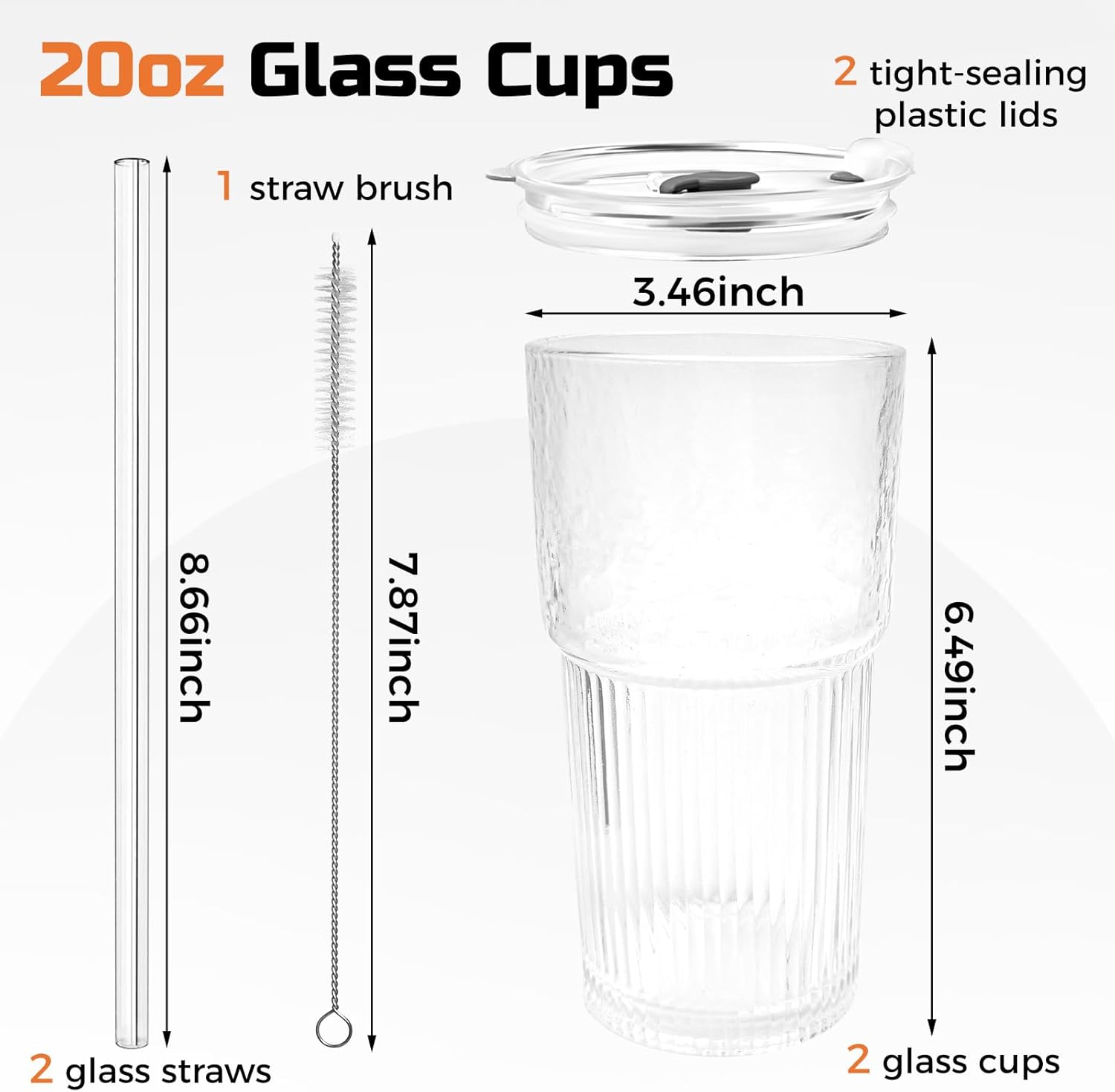 2 Pack Glass Tumblers with Lids and Straws, 20oz Iced Coffee Cups with Lids Reusable for Juices, Smoothies, Cocktail, Beer, Tea and Latte - Ribbed Design & Thick Glass - Image 2