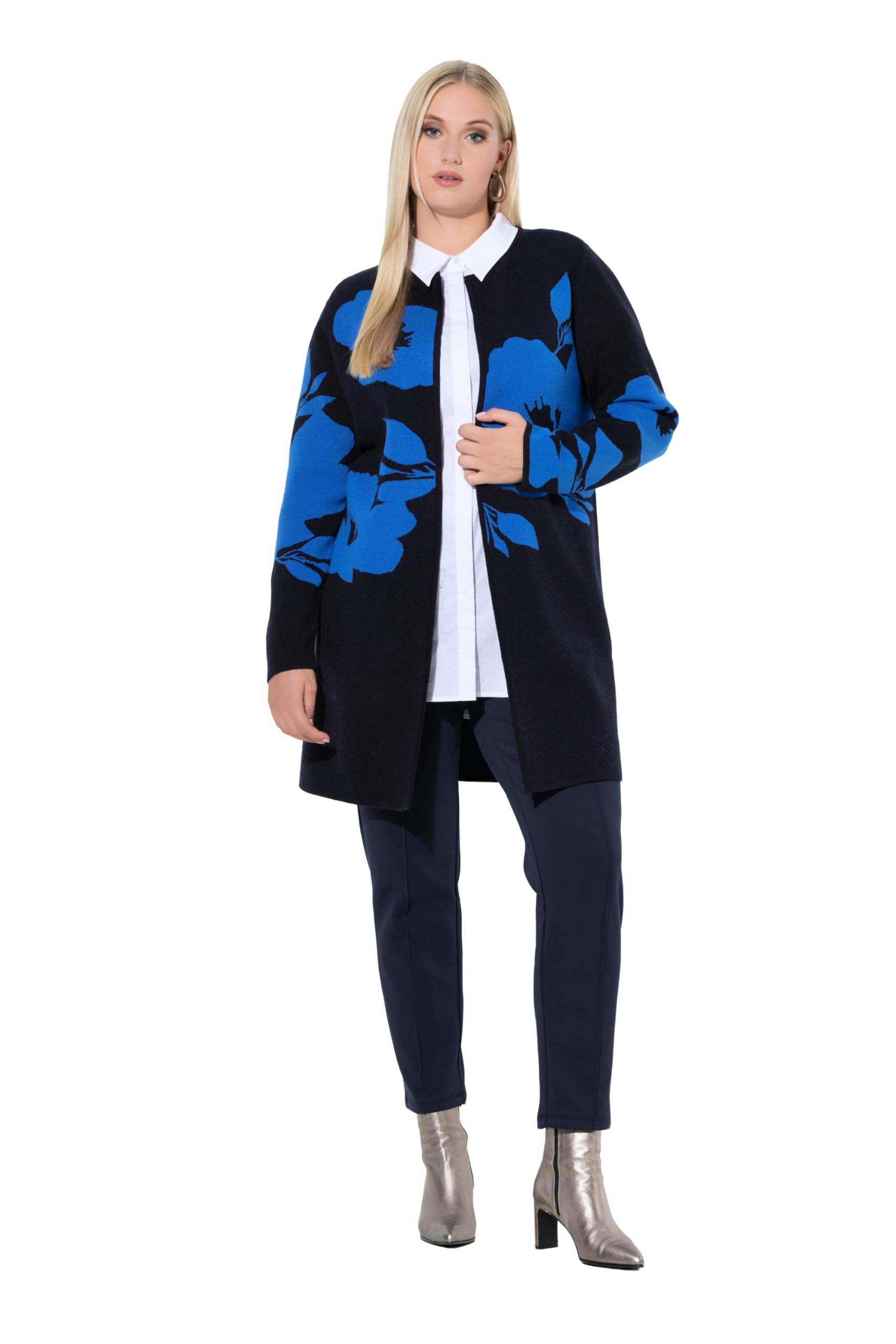 Ulla Popken Damen große Größen Übergrößen Plus Size Strickjacke, Blüten, Doucleface, Rundhals, Langarm 845818