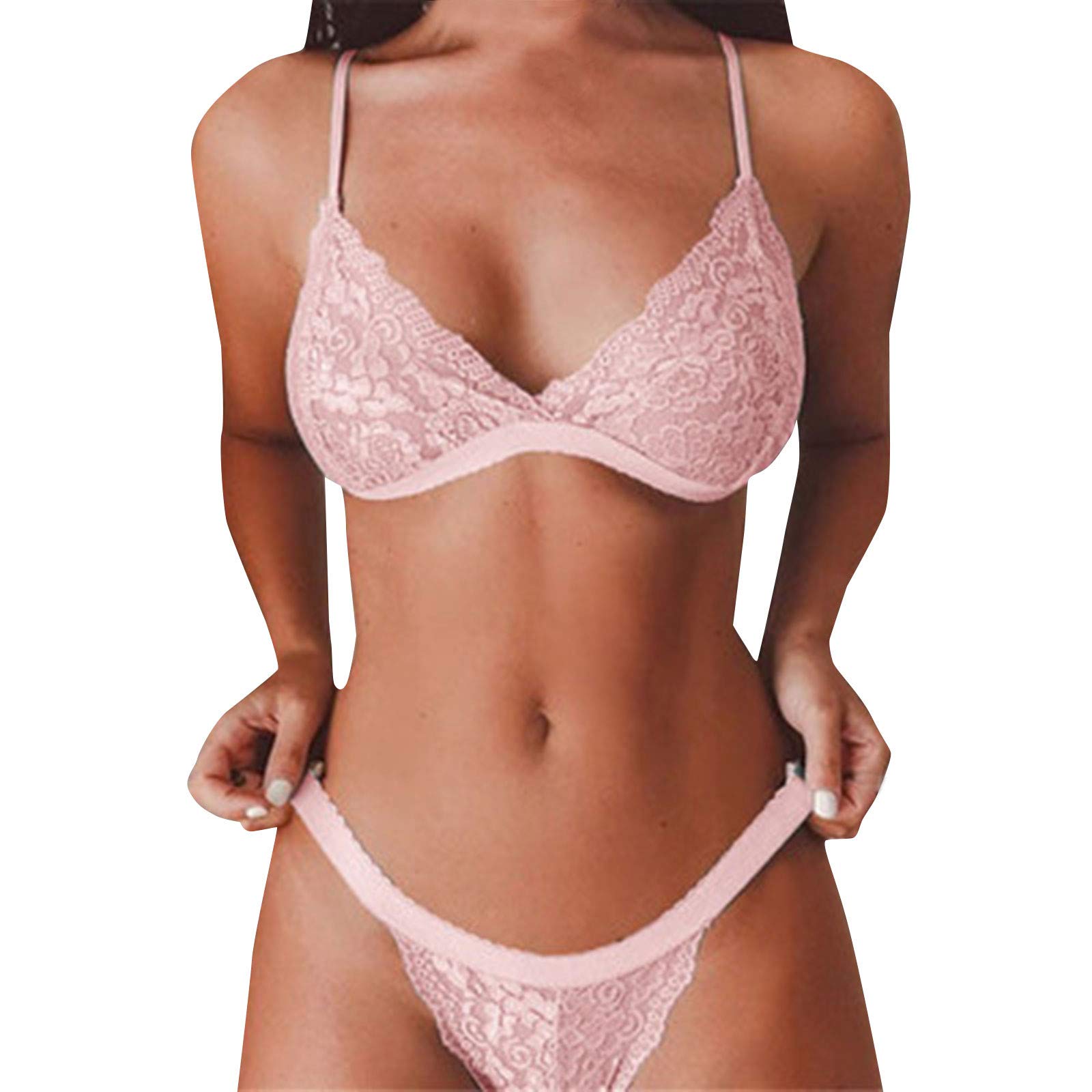 Janly Clearance SaleJanly Clearance Sale Women's Intimates , Ladies Sexy Lingerie Set Floral Print Lace Underwear Solid Color Spaghetti Bra , for Winter Christmas Valentine's Day (Pink-M)