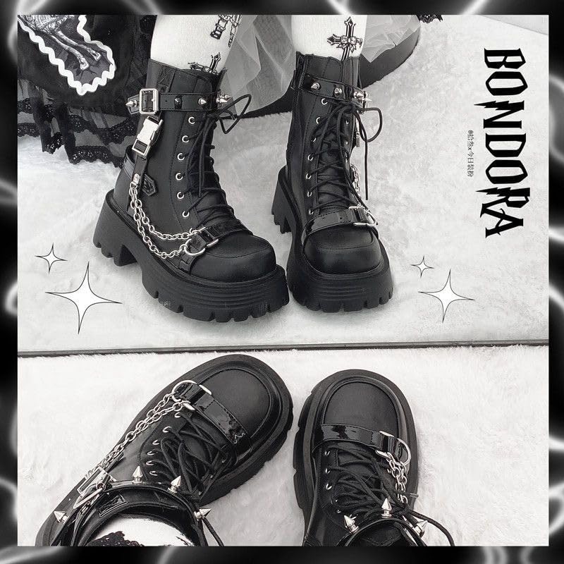 Cute Goth Combat Boots with Chains Studs Charms High Heels Platform Chunky Lace-up Comfy Non Slip Lightweight Softy Shoes Edgy Indie Punk Rock Y2K Pretty Fashion for Women4