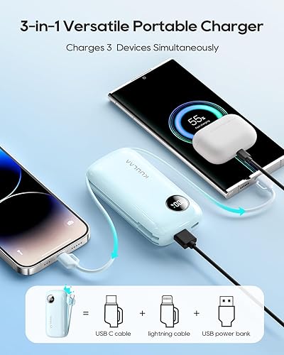 Miniatura 2 de Kuulaa Cargador portátil con cable integrado, batería externa para iPhone de 10000 mAh, carga rápida, PD20W, USB C, batería externa portátil, 3